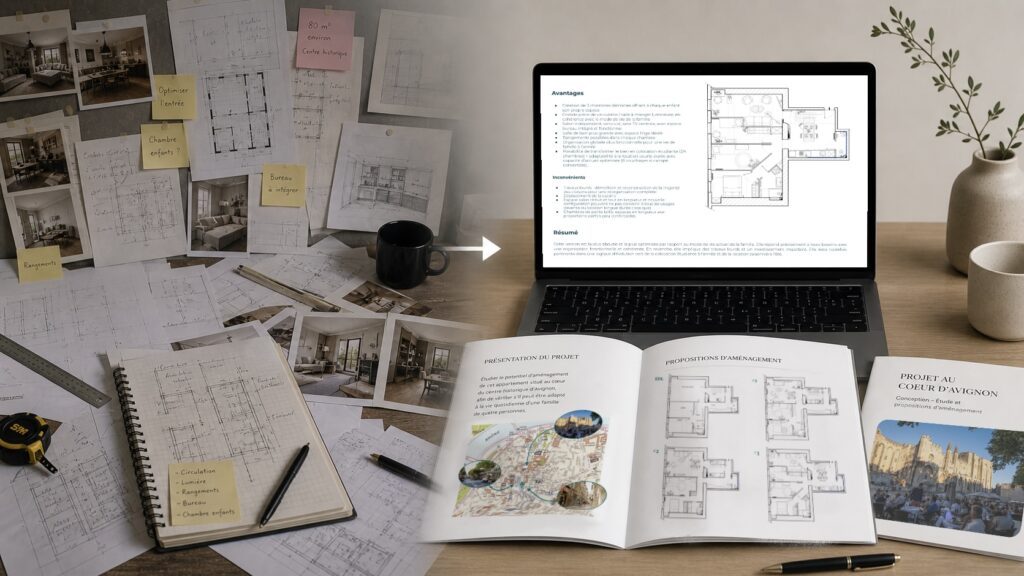 Présentation d’un dossier client en architecture intérieure avec plans d’aménagement, étude de projet et propositions techniques