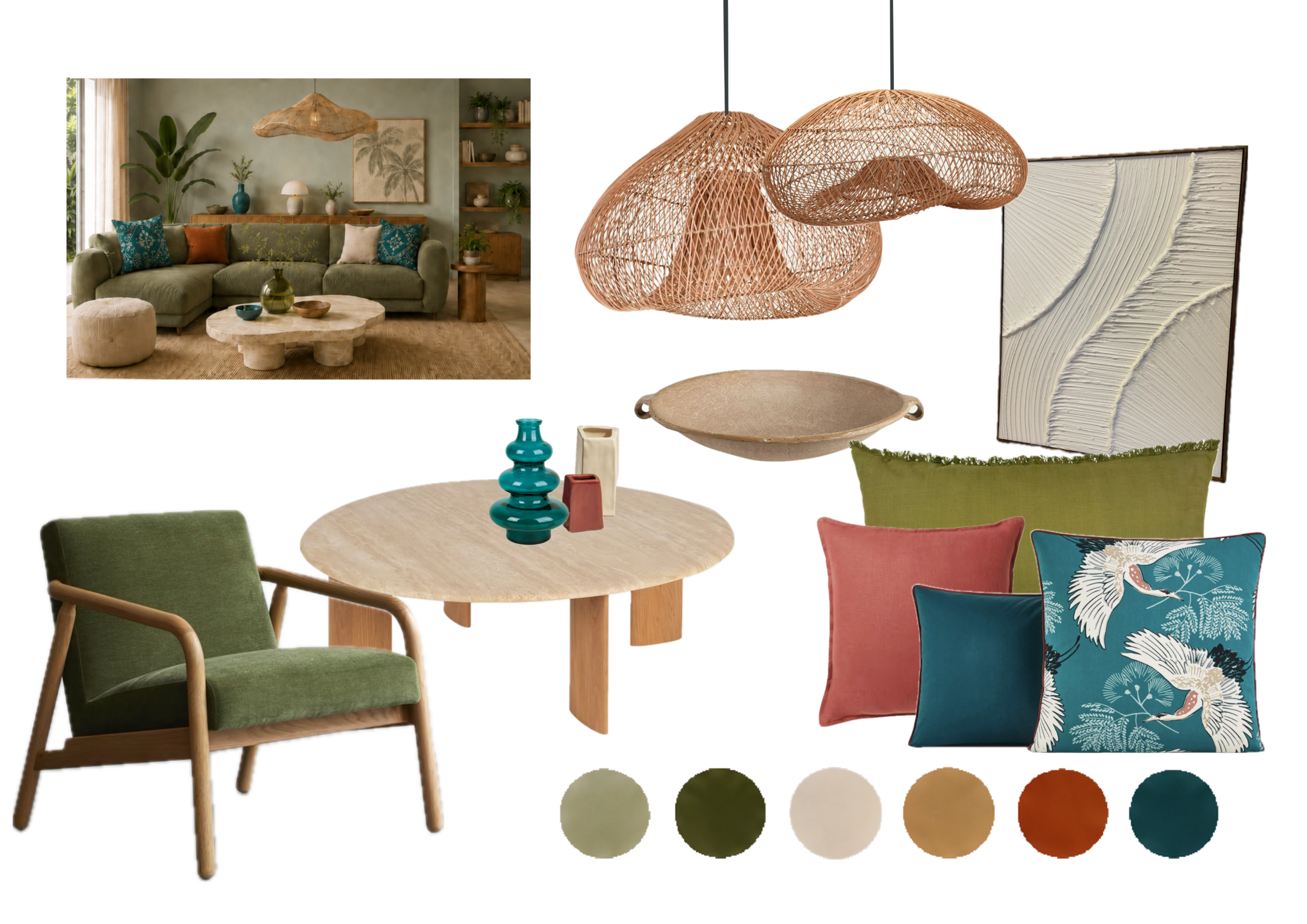 Sélection de mobilier, matériaux et couleurs pour créer une ambiance naturelle.