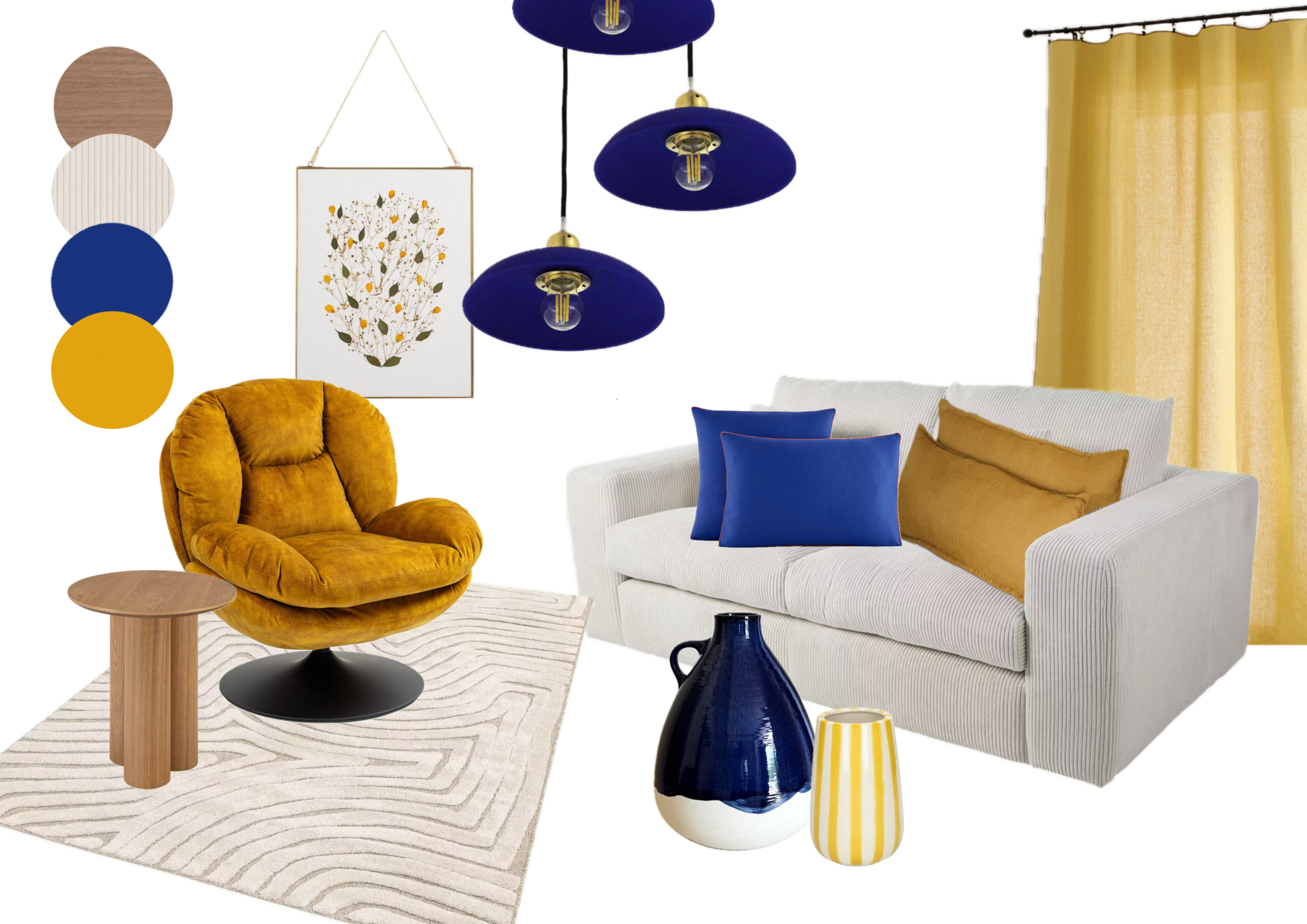 Sélection de couleurs, mobilier et accessoires pour définir l'ambiance du salon.