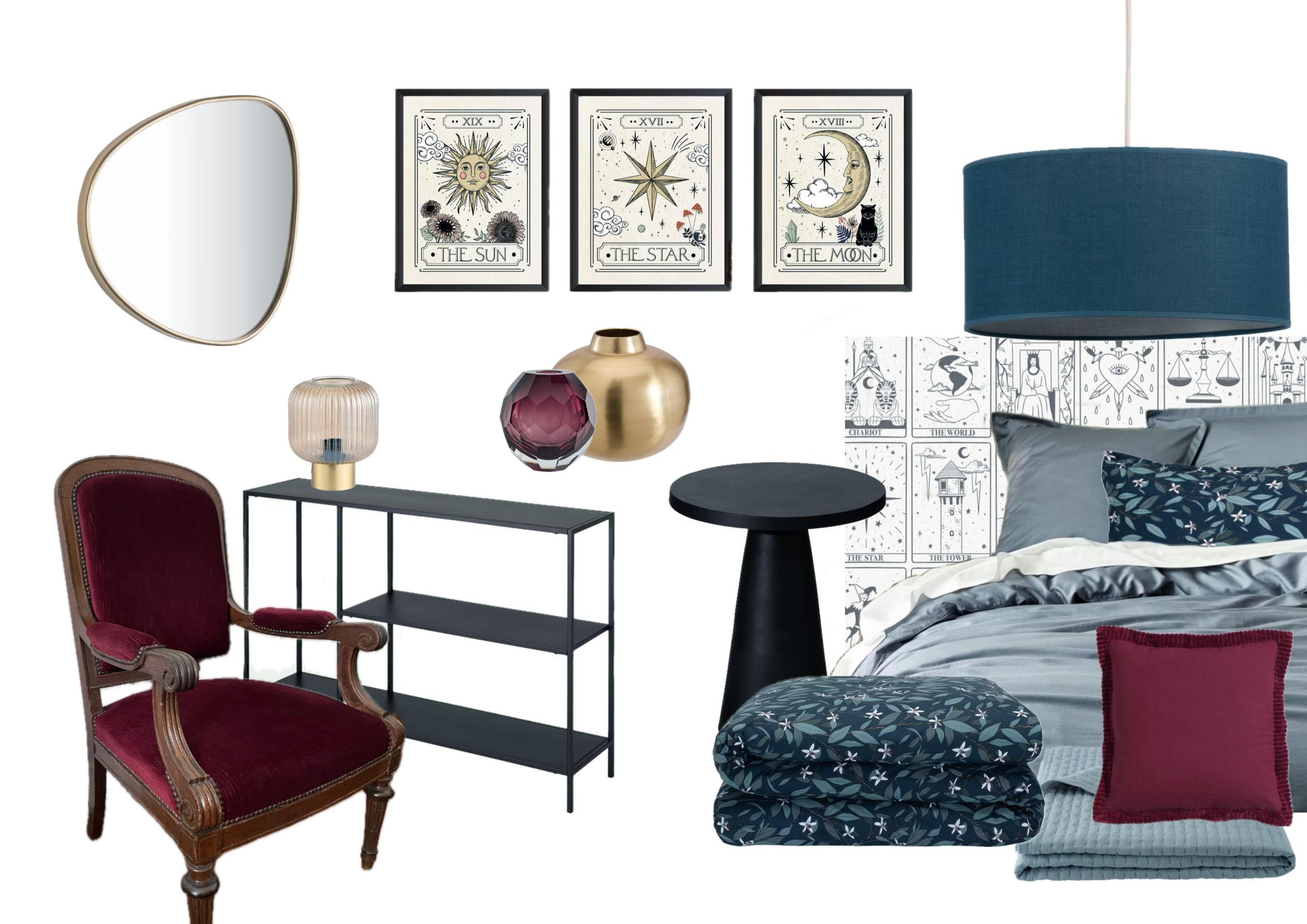 Sélection de mobilier, textiles et objets décoratifs pour créer une ambiance harmonieuse.