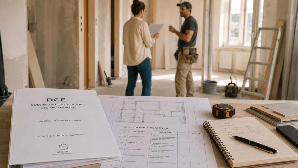 Architecte d'intérieur préparant un dossier de consultation des entreprises pour un projet de rénovation.